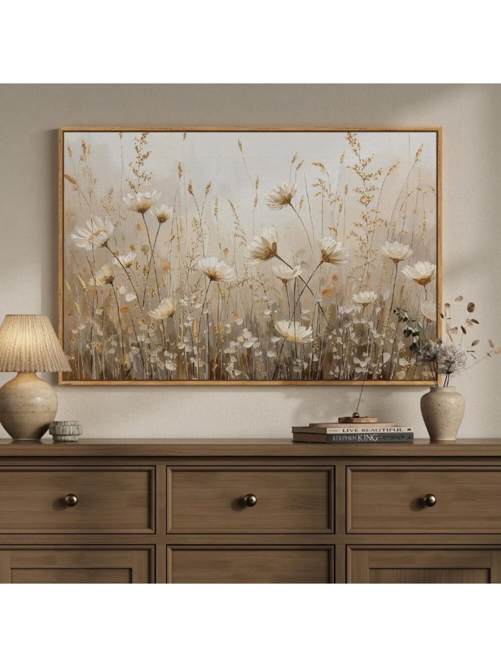 Vintage Rustic Floral Wall Art Print - Framed Neutral Decor for Living Room
